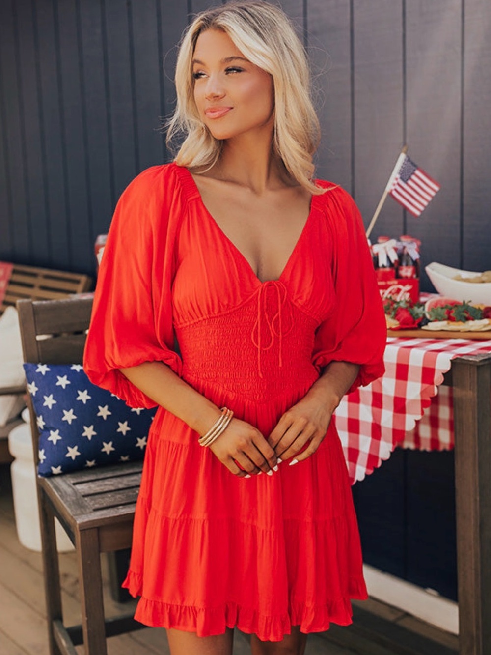 Summery Red V-Neck Smocked Mini Dress with Puff Sleeves